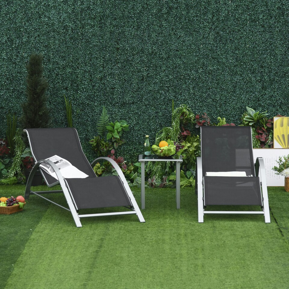 image 1 of Outsunny 3 Pieces Sun Lounger Chair Set, Metal Frame Outdoor Garden Recliner Chairs with Glass-Top Side Table and Armrests for Patio, Black