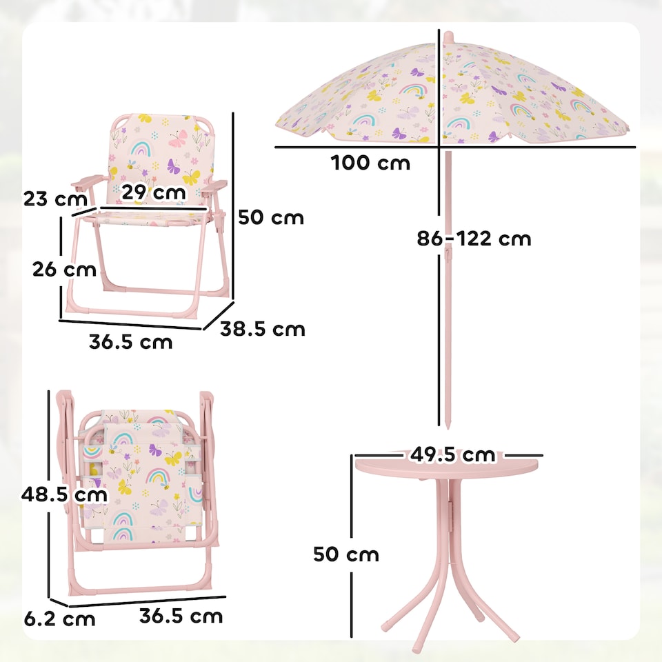 image 1 of AIYAPLAY Kids Garden Table and Chair Set, Outdoor Patio Set w/ Parasol, Pink