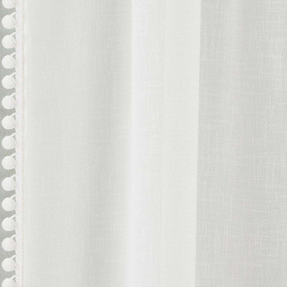 image 1 of Pair of Tahiti White Pom-Pom Trim Linen Look Voile Panels with Rod Pocket Header 183 CMS