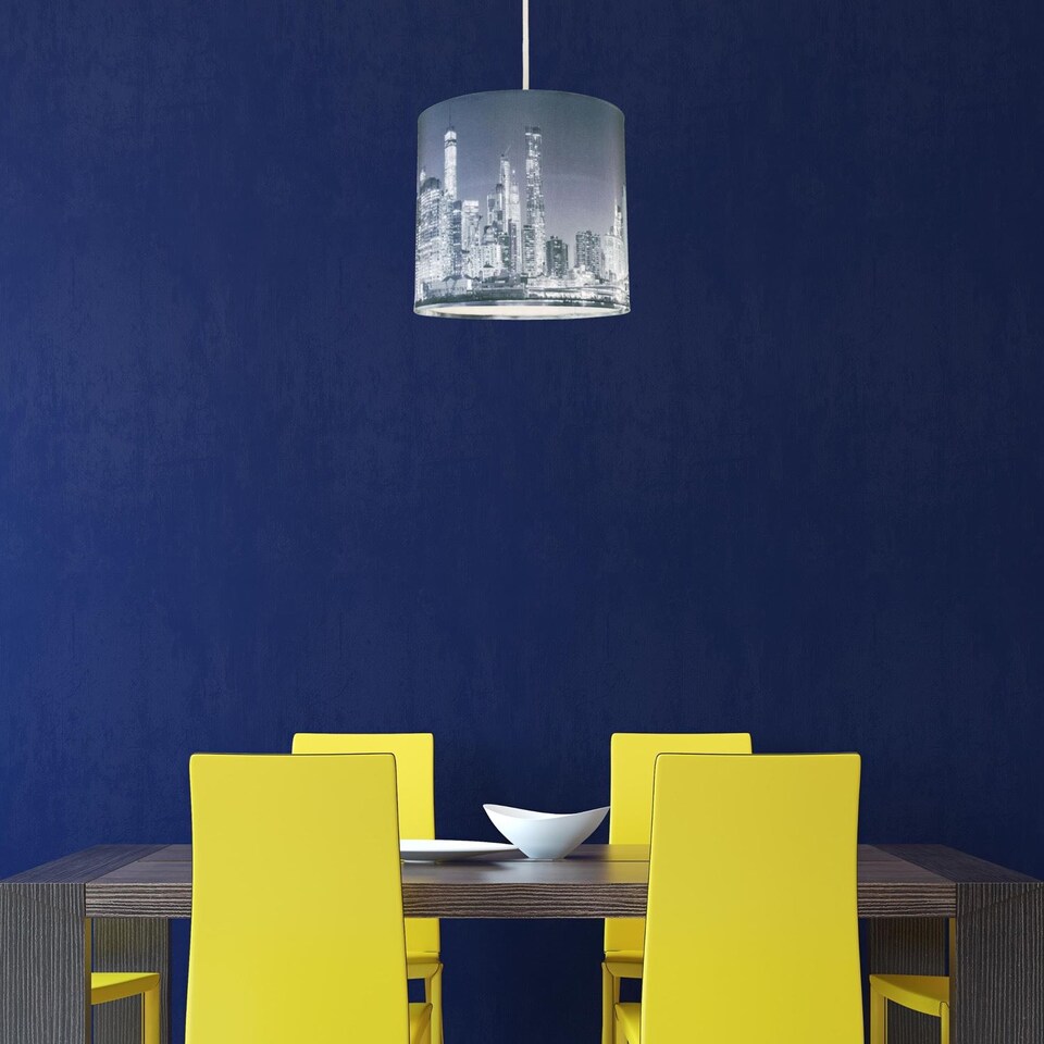 image 1 of 20cm Lamp Shade Ceiling Light Digital Printed Fabric New York Skyline At Night | Blue | Medium | 1