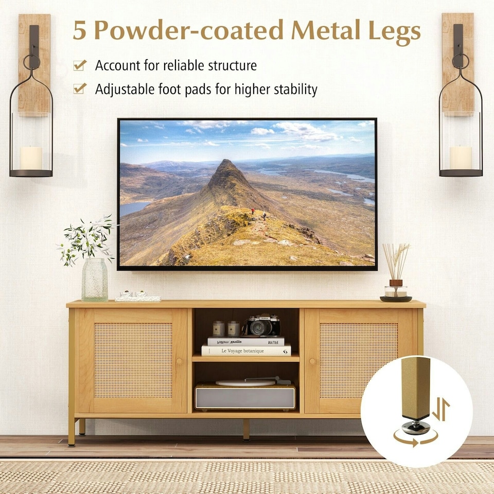 image 1 of COSTWAY Boho TV Stand for 55 Inches Entertainment Center Natural Gold