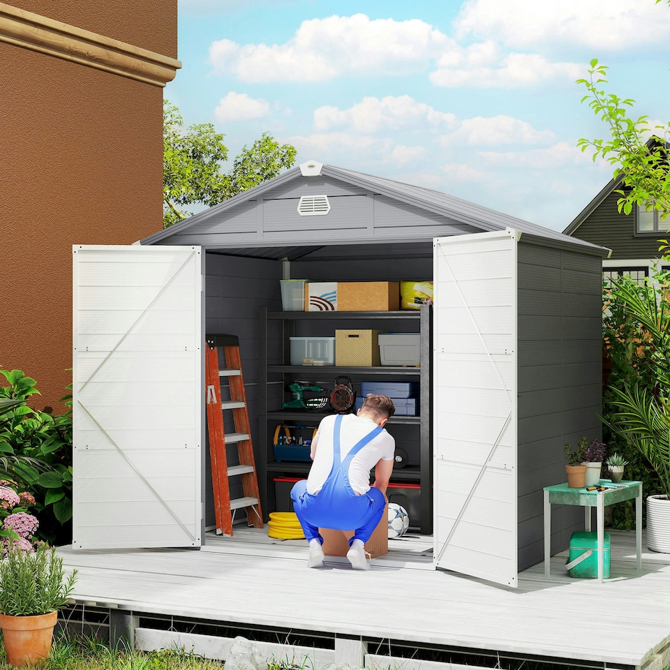 image 1 of Outsunny 8 x 6ft Garden Shed Storage w/ Foundation Kit, Vents, Grey