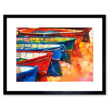 Boats Pier Harbour Sunset Sea Colourful Oil Painting 9x7" Black Framed Wall Art Print