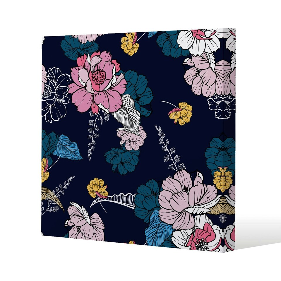 image 1 of Pink Flowers on Navy (Canvas Print) 77 x 77 x 4cm