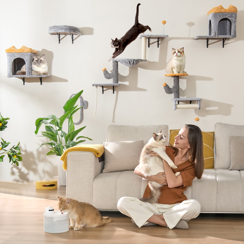 image 1 of COSTWAY Wall-Mounted Cat Tower Set Space Saving Grey