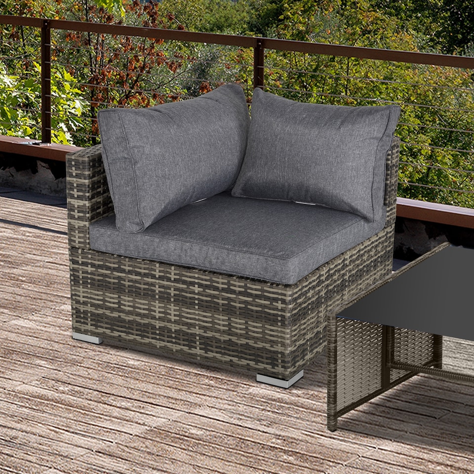 image 1 of Outsunny Outdoor PE Rattan Corner Sofa, Garden Wicker Furniture Single Sofa Chair w/ Cushions, Deep Grey | Grey | One Size