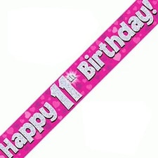 Pink Happy 11th Birthday Holographic Foil Banner 274cm