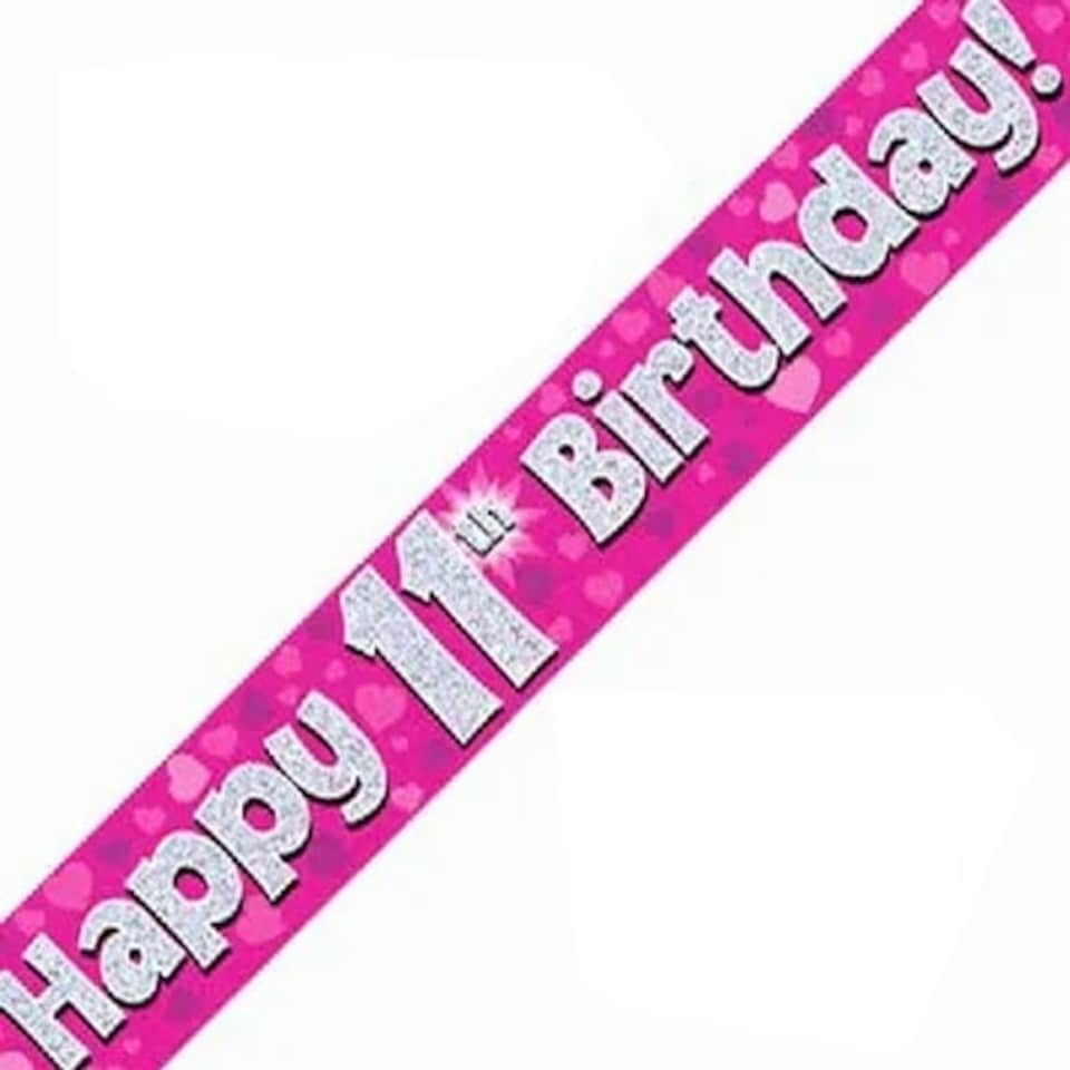 Pink Happy 11th Birthday Holographic Foil Banner 274cm