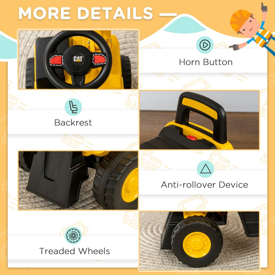 image 1 of HOMCOM CAT Licensed Kids Construction Ride-On Digger w/ Shovel, for 1-3 Years