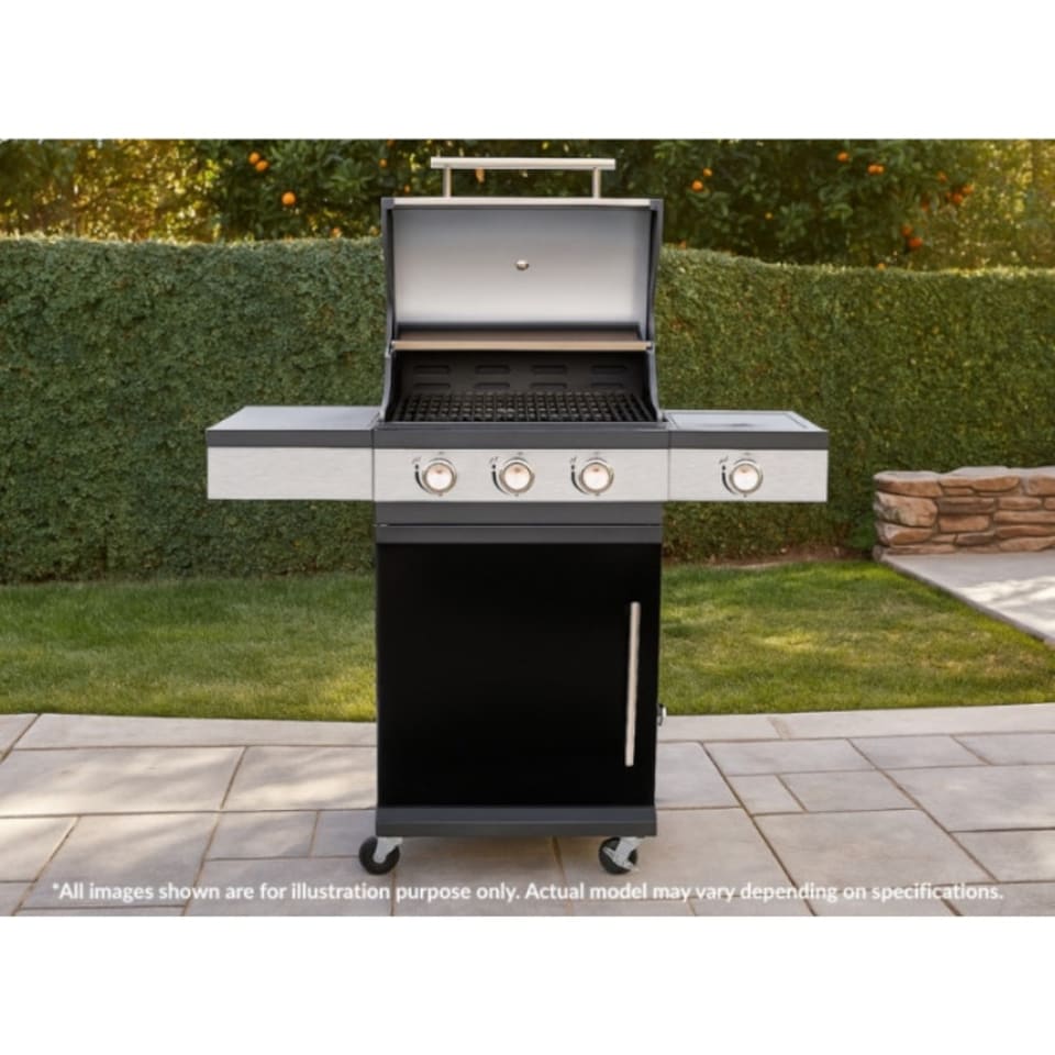 image 1 of 3 + 1 Burner Gas BBQ Grill with Built-in Thermometer, Folding Shelves & Warming Rack