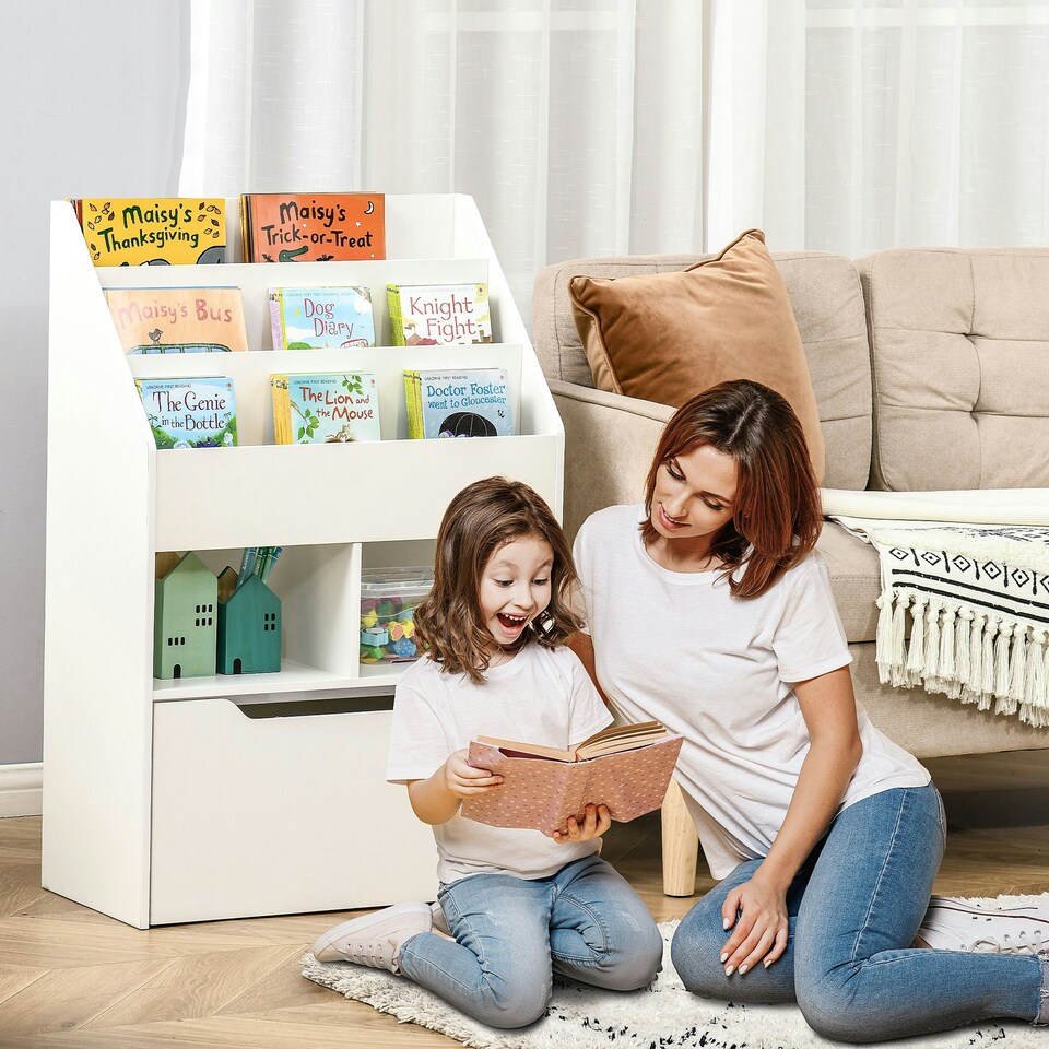 image 1 of HOMCOM Kids Bookcase, Toy Box w/ Storage Drawer, Wheels for Bedroom - Grey