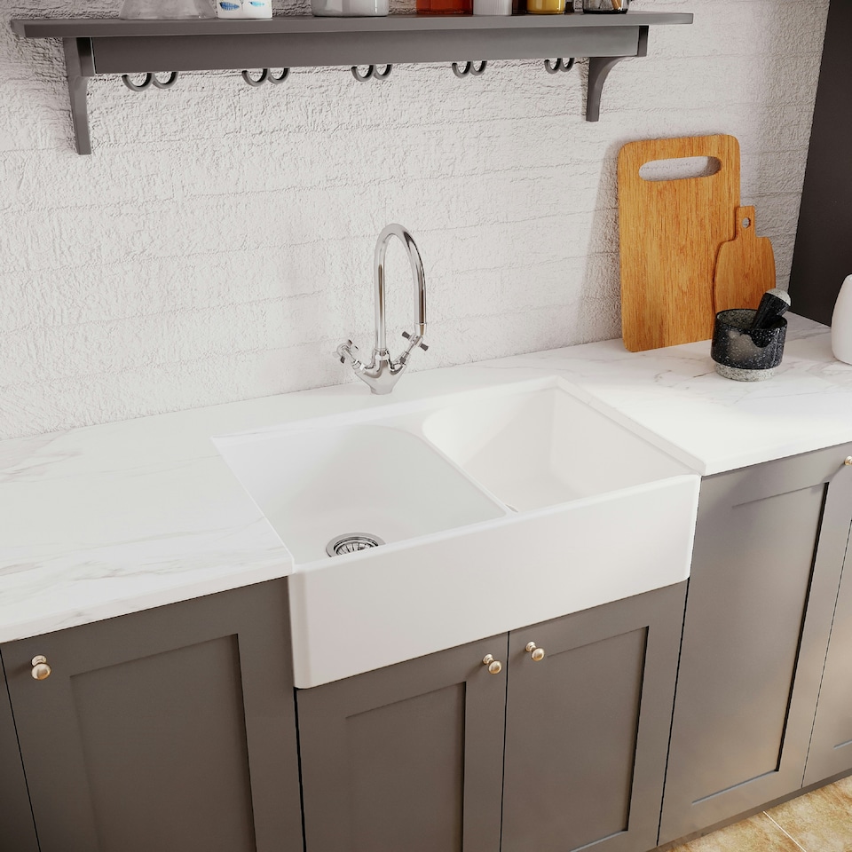 image 1 of 795mm - Fireclay Double Bowl Full Weir Butler Kitchen Sink -  Mono Mixer Tap & Waste
