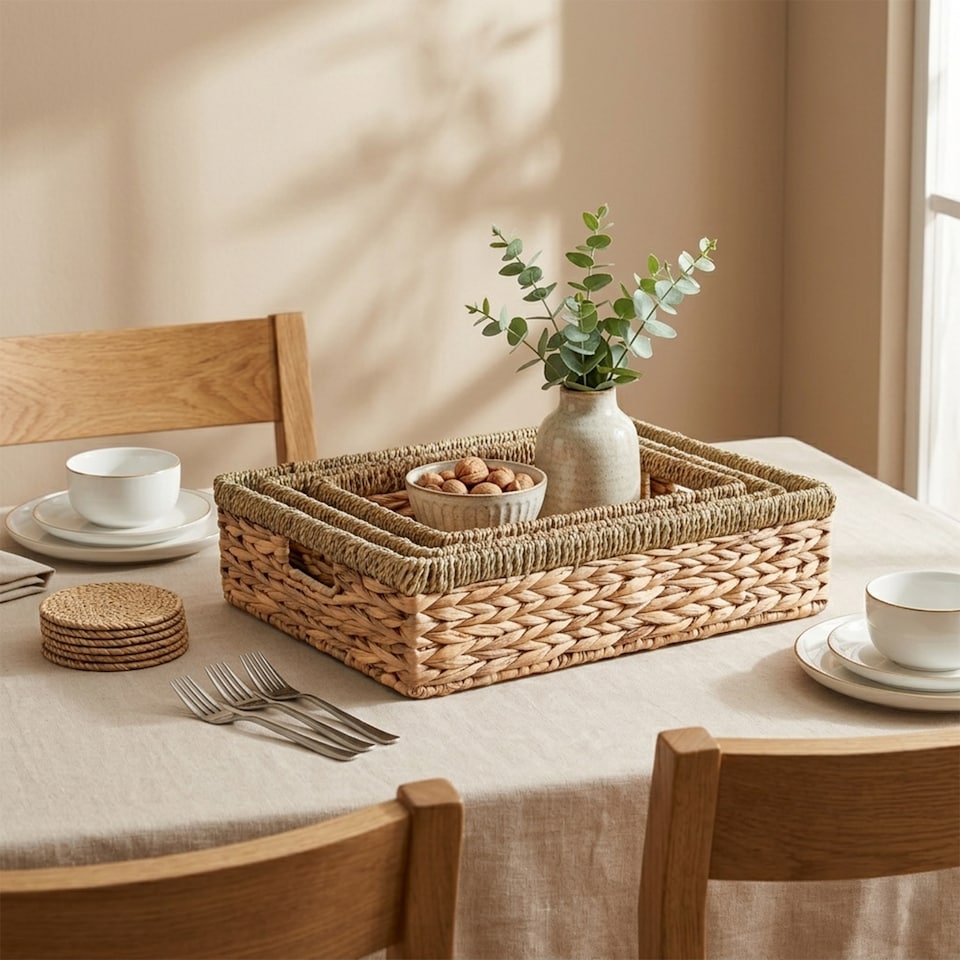 image 1 of Wickerfield Shallow Woven Water Hyacinth Basket, Wicker Hamper Basket with Handle, Storage Baskets for Bathroom Toys Gift with Seagrass Border (Medium)