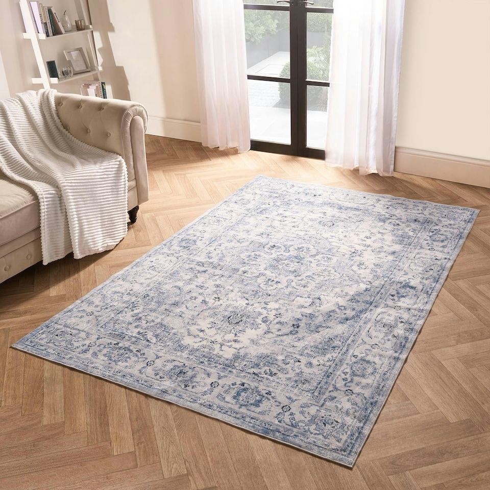 image 1 of OHS Vintage Print Washable Indoor Carpet Floor Rug, 160x230cm - Blue Blue | 160x230cm