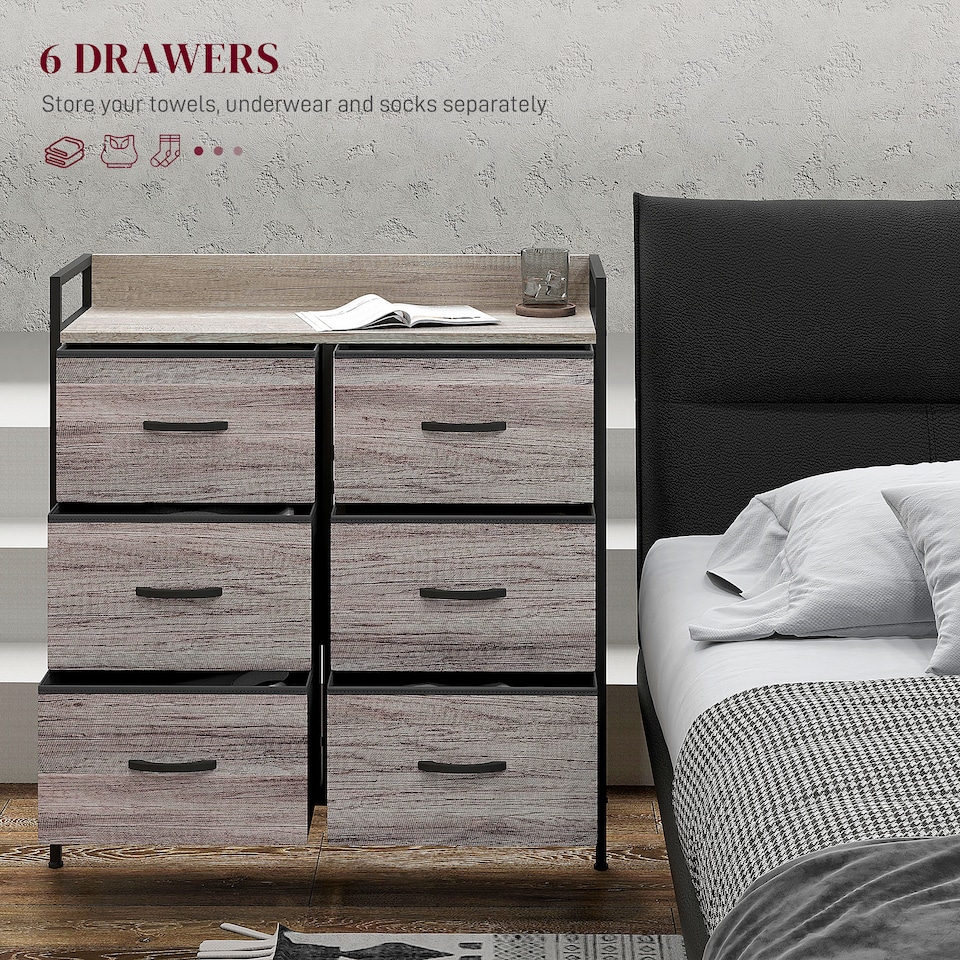 image 1 of HOMCOM Bedroom Chest of Drawers, Fabric Dresser with 6 Drawers, Storage Organiser Unit with Open Shelf and Metal Frame for Living Room, Entryway, Grey Wood Effect