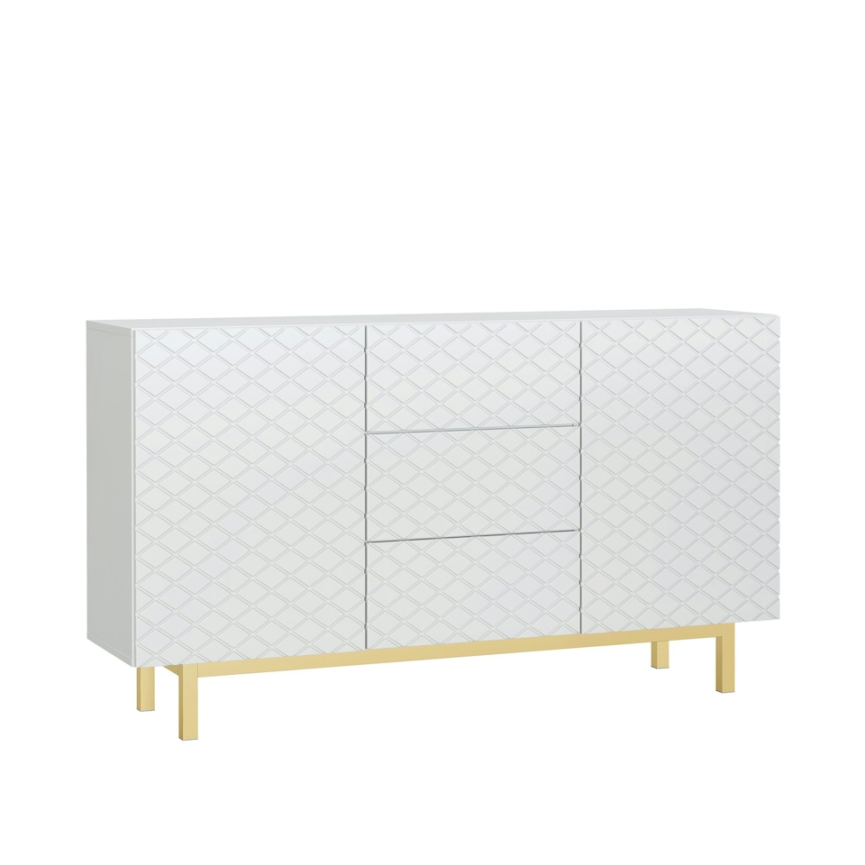 image 1 of White Sideboard with Diamond Pattern Fronts and Gold Legs – 140cm White