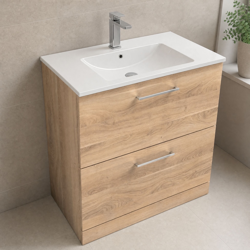 image 1 of Balterley Contemporary Bathroom 2 Soft Close Drawer & Minimalist Floor Standing Vanity Unit Basin | Brown | Bleached Oak | 818 x 800 x 390mm