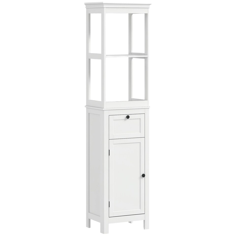 image 1 of HOMCOM Slim Bathroom Storage Cabinet with Open Shelves and Drawer, White