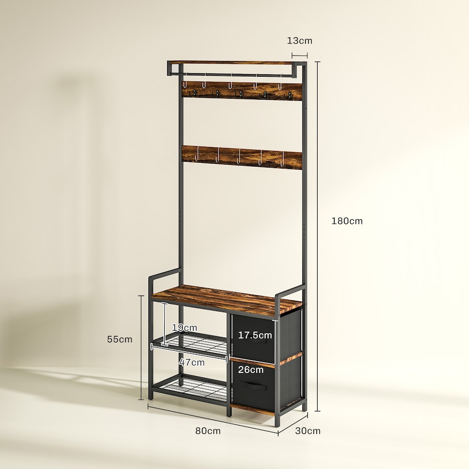 image 1 of HOMCOM Coat Rack with Bench and Shoe Storage, 4-in-1 Coat Stand with 15 Coat Hooks, 2 Fabric Drawers for Hallway, Living Room, Bedroom, Rustic Brown
