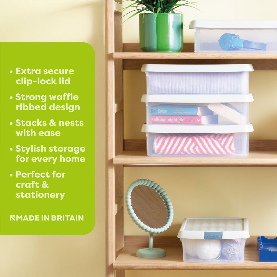 image 1 of Wham Clip 5x 7L Rectangular Plastic Storage Boxes with Clip Lock Lids. Ideal for Home, Office, Toys & More - Clear/Stone | Cream | Stone | 5