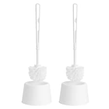 2 x White Plastic Toilet Brush Set With Holder & Handle For Bathrooms & Washrooms | White
