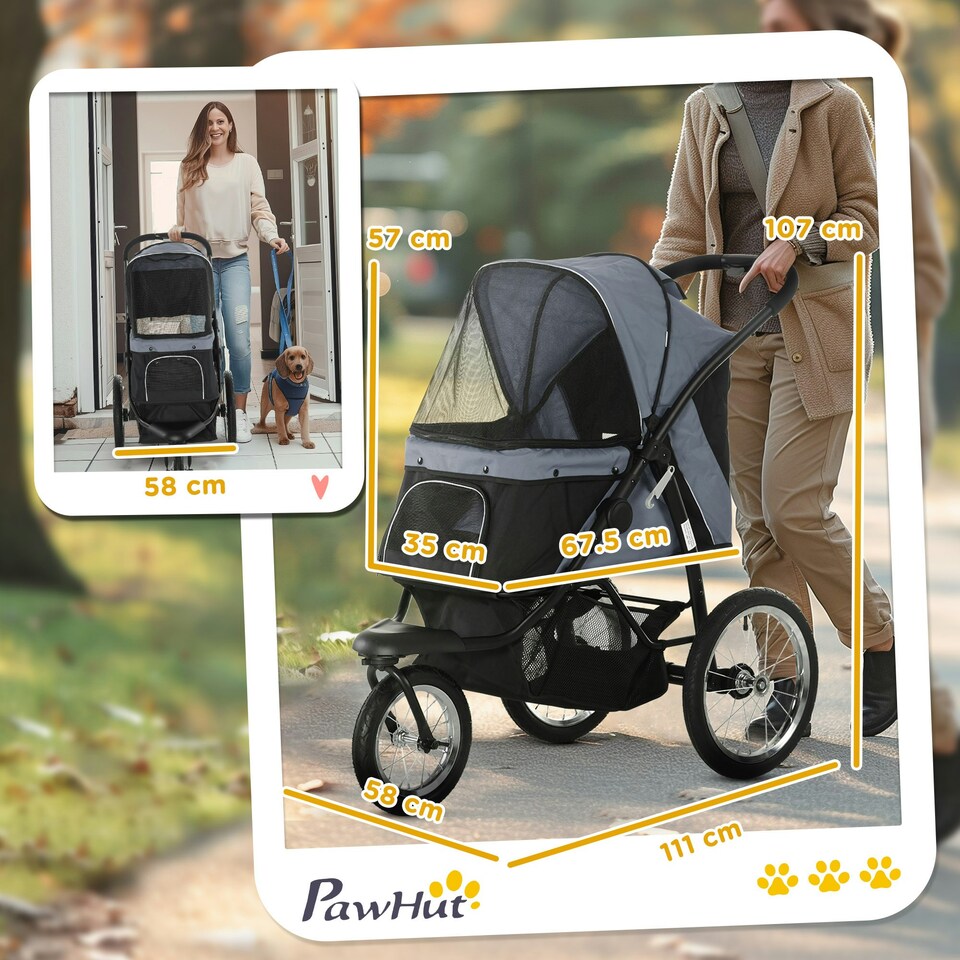 image 1 of PawHut 3 Wheel Pet Stroller, for Medium Small Dogs, Foldable Cat Pram - Grey