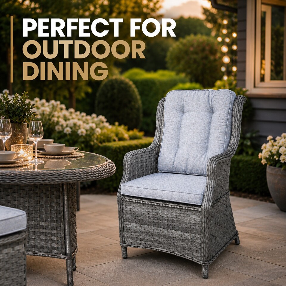 image 1 of 1pc Rattan Garden Dining Chair Grey Outdoor Patio Chairs with Cushion, Weatherproof Wicker Furniture