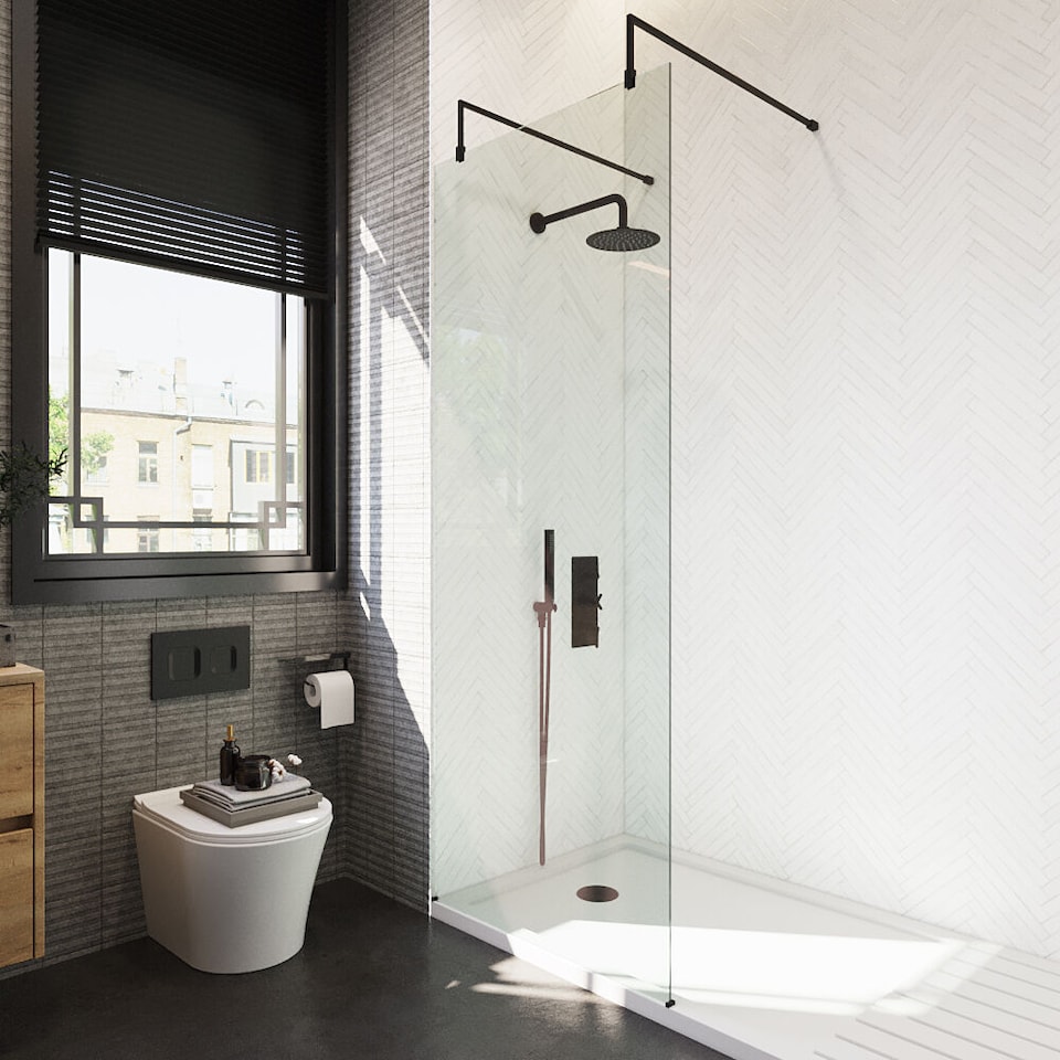 image 1 of Balterley Hollinsclough Contemporary Bathroom 8mm Glass Wetroom Screen with Arms & Feet, Matt Black, 1950 x 800 x 14mm