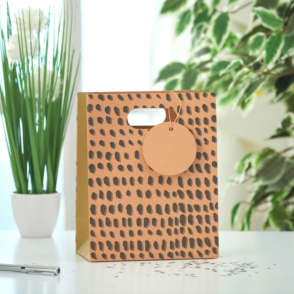 image 1 of Multipack of 3 Medium Gift Bags | Party Bags for Presents | Birthdays | For Him/Her/Friend | Eco Print Design Brown