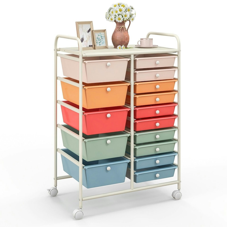 image 1 of COSTWAY 15 Drawers Storage Trolley Rolling Utility Cart Colorful
