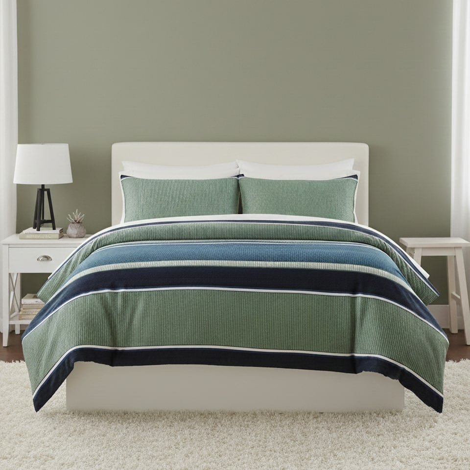image 1 of Green And Blue Stripe Duvet Set Modern Striped Bedding with Pillowcases | Multi | King
