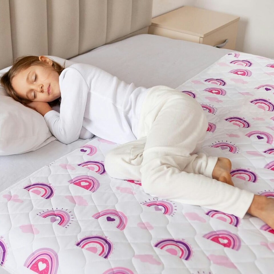 image 1 of Toddler Potty Training Bed Pads - Soft Waterproof Bedwetting Pee Protector Mat for Kids - Incontinence Mattress Sheet Absorbs Up to 2000ml - 135 x 85cm, Rainbow White | Rainbow | Double