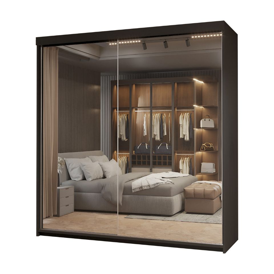 Sliding Wardrobes 4u Modern Sliding Door Wardrobe with Full Mirrors - 150cm and 200cm with Drawers Rails and Shelves | Black | 200cm