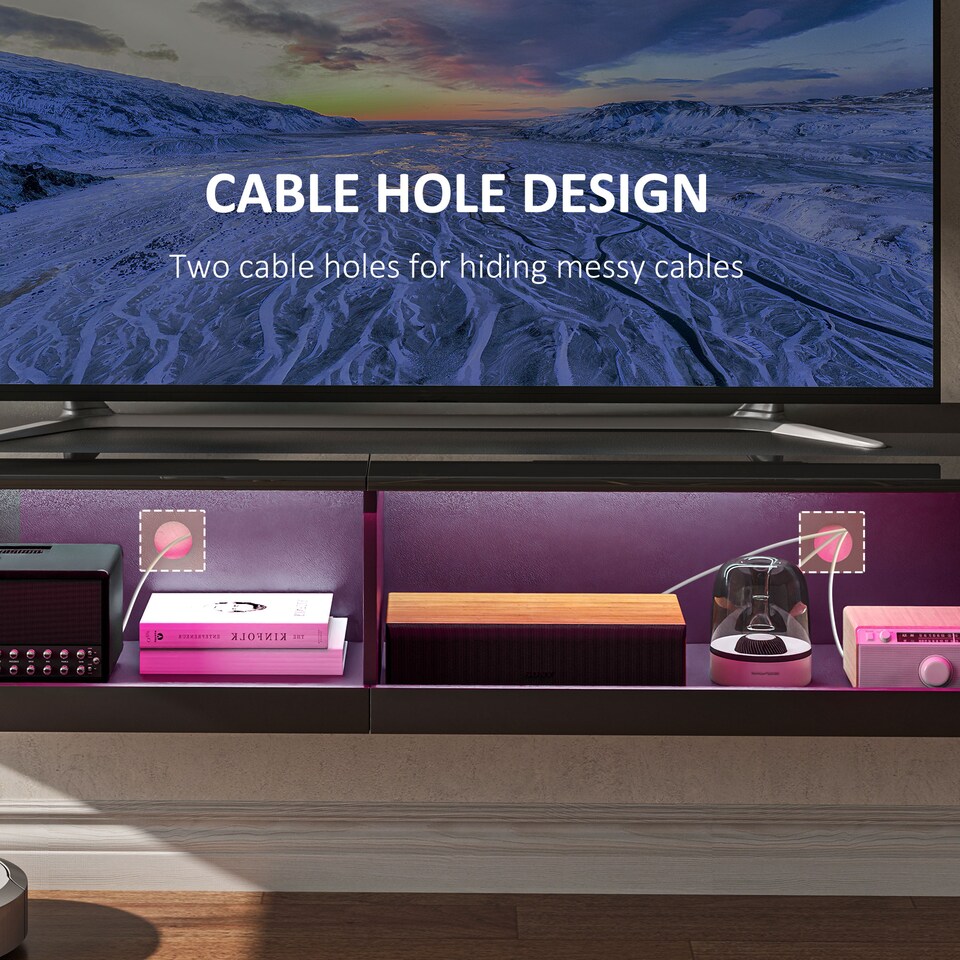 image 1 of HOMCOM Floating TV Unit, Wall Mounted TV Cabinet for TVs up to 65 , High Gloss Media Wall Unit with LED Lights, Storage Shelves for Living Entertainment Room, Black