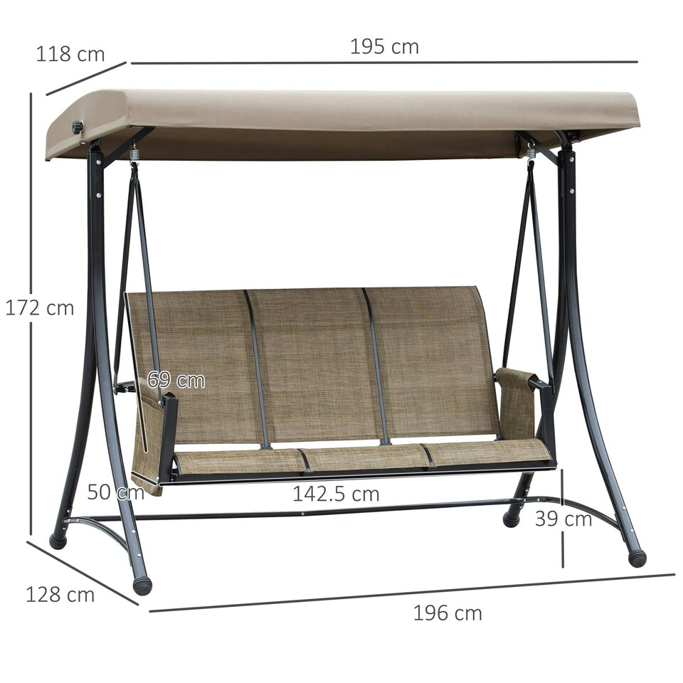 image 1 of Outsunny 3 Seat Metal Fabric Balcony Patio Swing Chair Brown