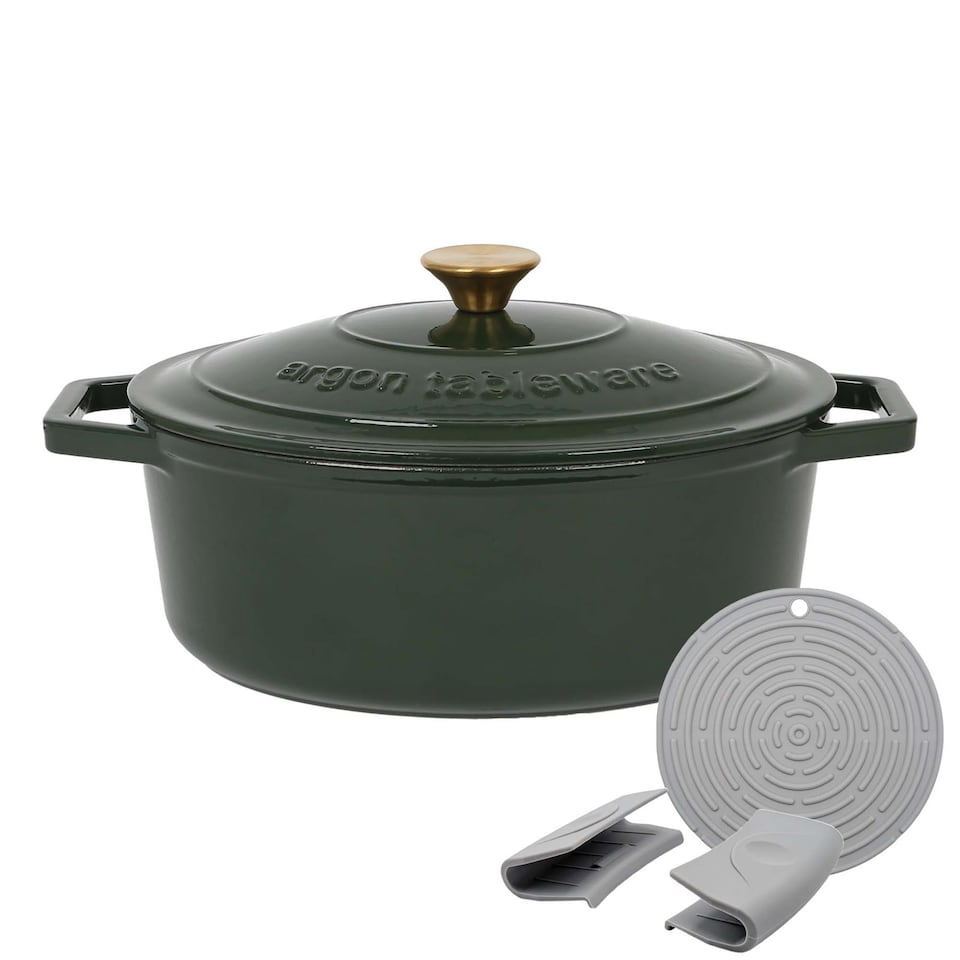 image 1 of Argon Tableware 4.68L Oval Cast Iron Casserole Dish with Self-Basting Lid - 4.95QT Dutch Oven Roasting Dish Pot | Green | Green | 1