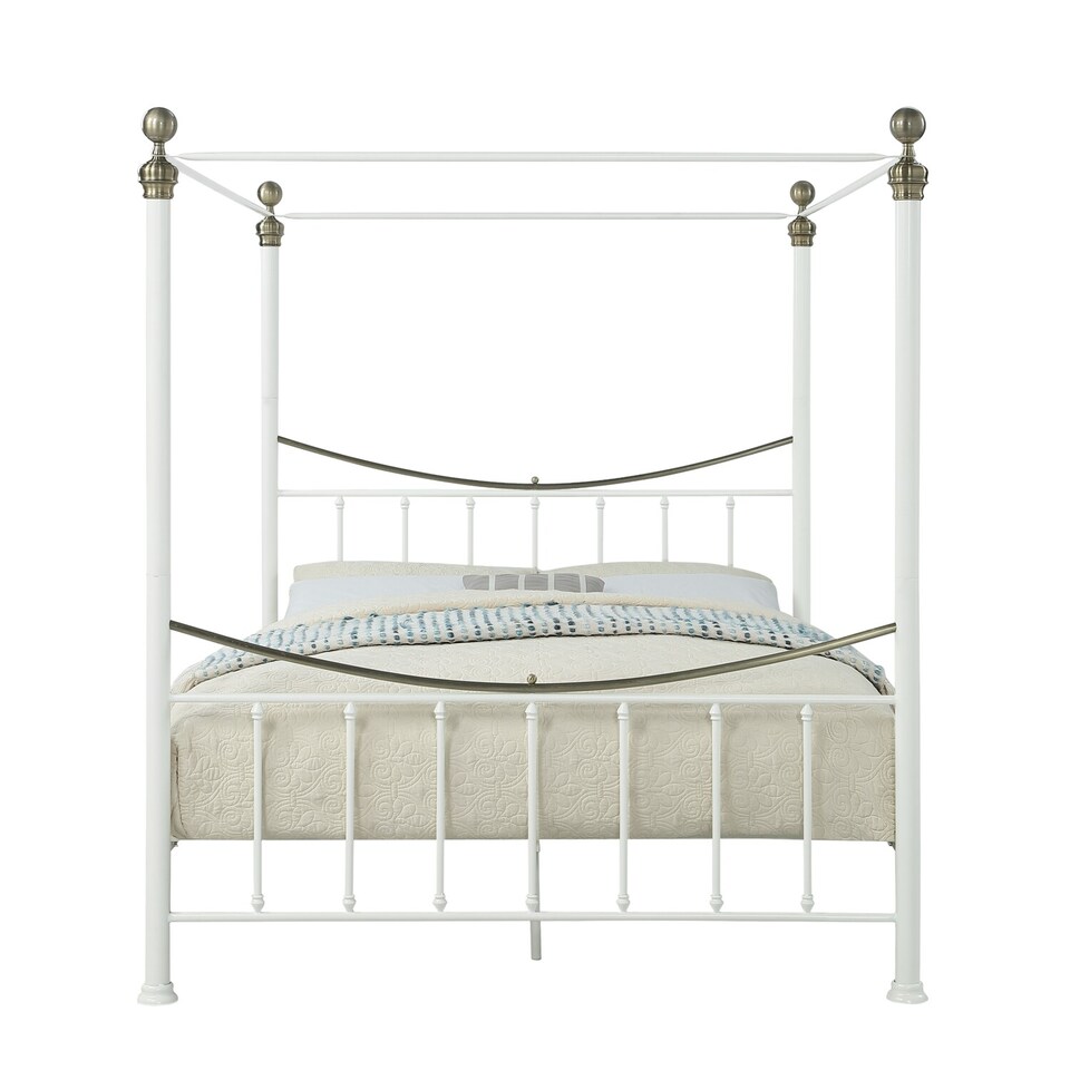 image 1 of Marylebone Traditional Four Poster Canopy Metal Bed Frame | White | White & Brass | King