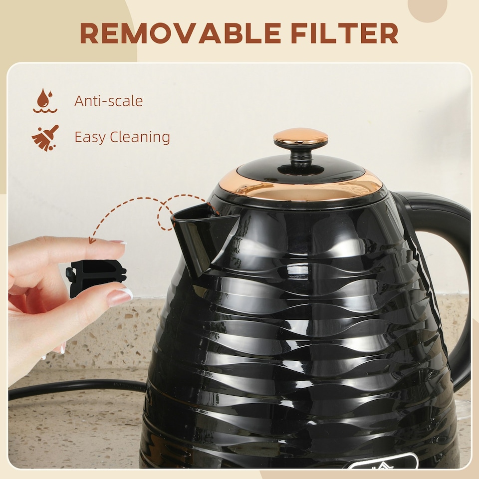image 1 of HOMCOM Electric Kettle, Fast Boil, 1.7L, 3kW, Swivel, Black Ripple