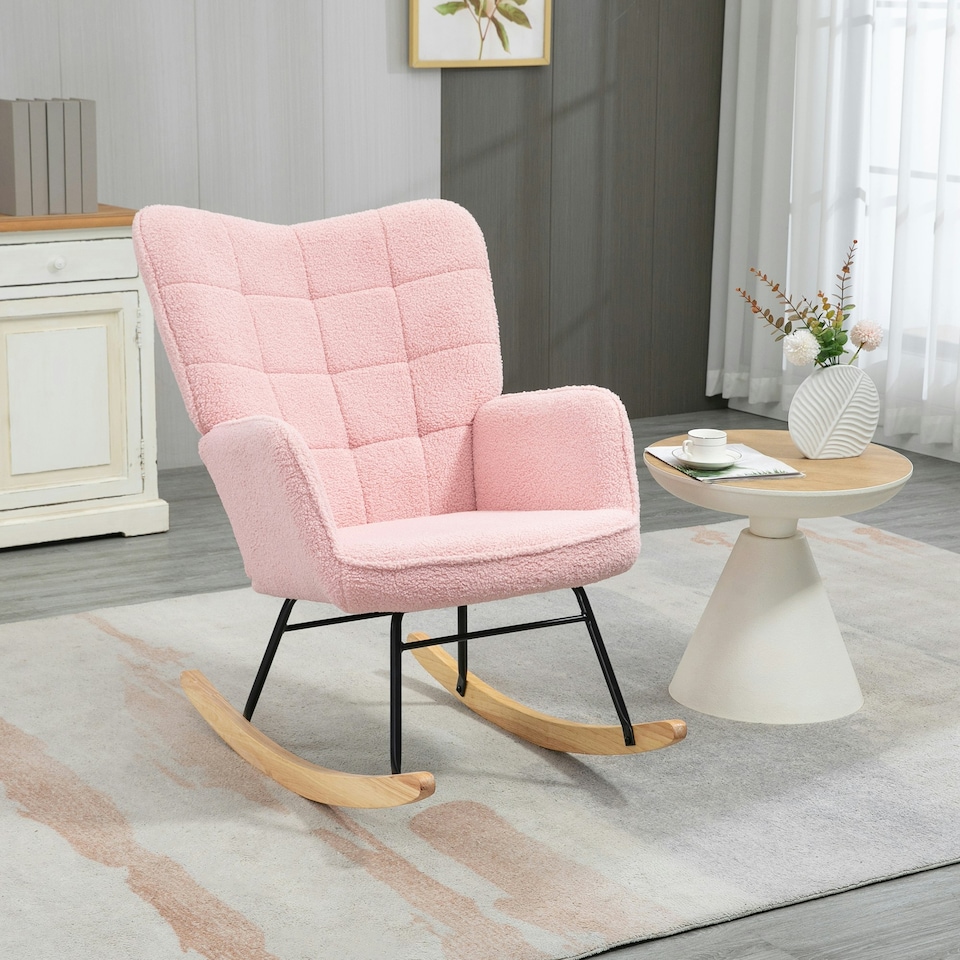 image 1 of HOMCOM Wingback Rocking Chair for Nursing w/ Steel Frame Pink