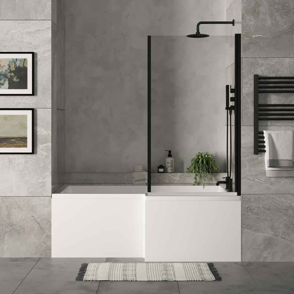 image 1 of 1700mm Right Hand L Shape Bathtub, Front Panel with Bath Screen - Satin Black Profile White