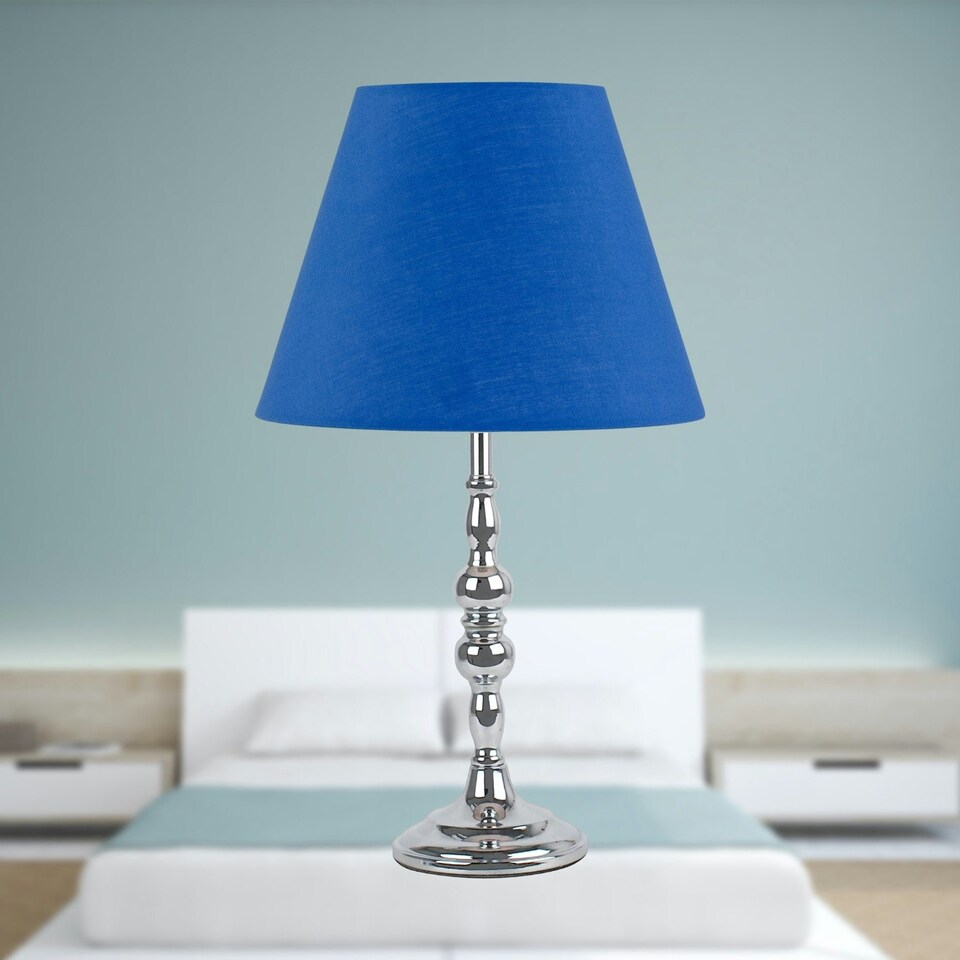 image 1 of Chrome Table Lamp with Decorative Stem and Royal Blue Shade Chrome | Blue