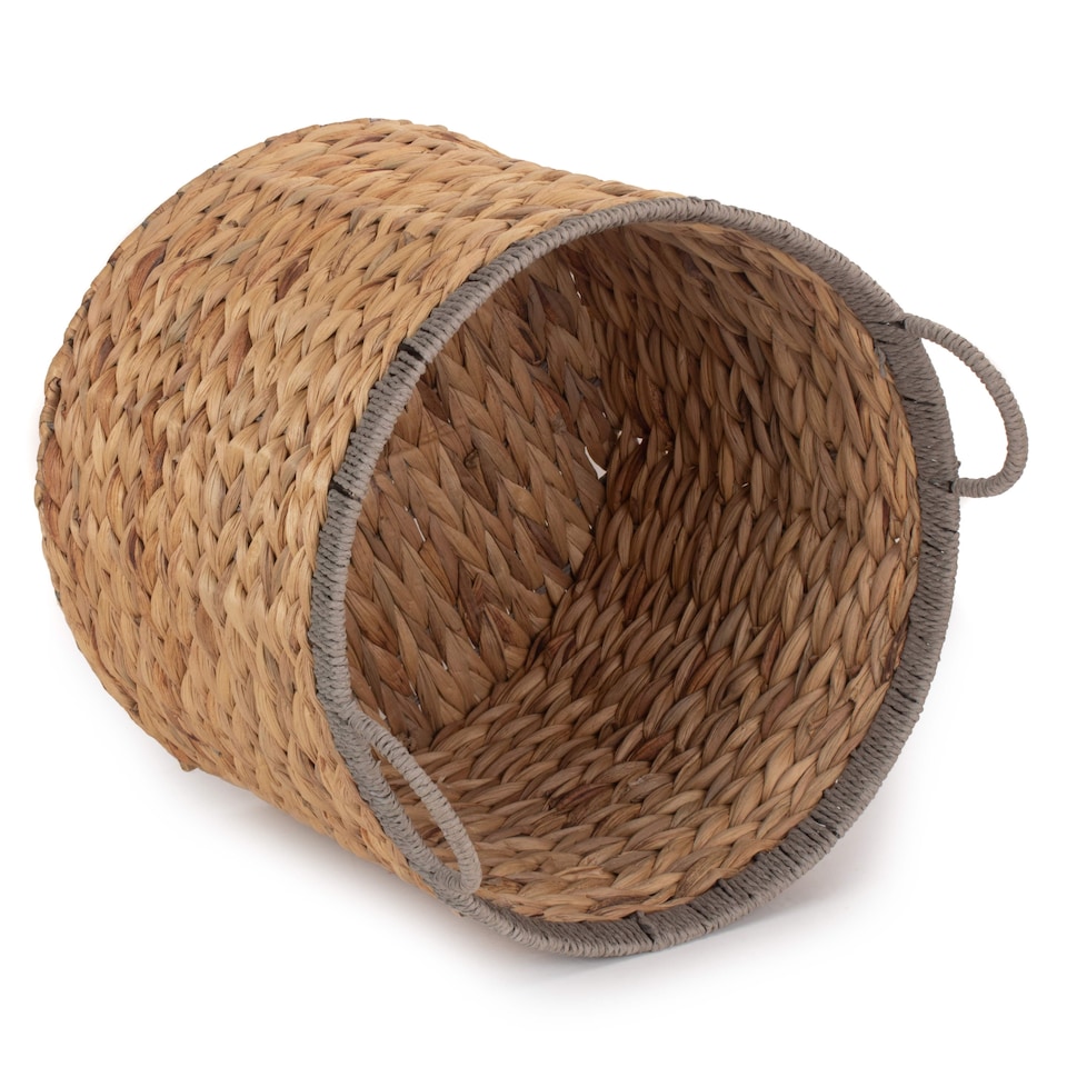 image 1 of Small Round Water Hyacinth Basket With Grey Rope Border | Brown | Brown