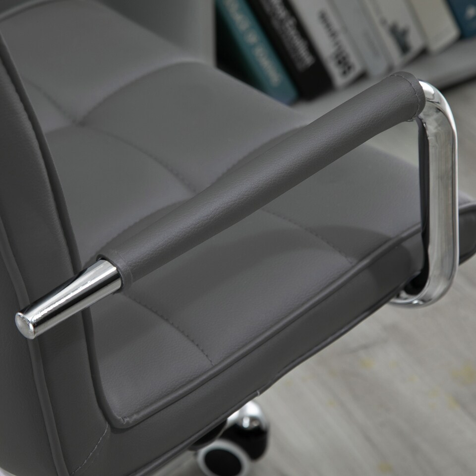 image 1 of Vinsetto Makeup Vanity Chair, PU Leather Mid Back Office Chair with Adjustable Height, Armrest and Rolling Wheels, Grey