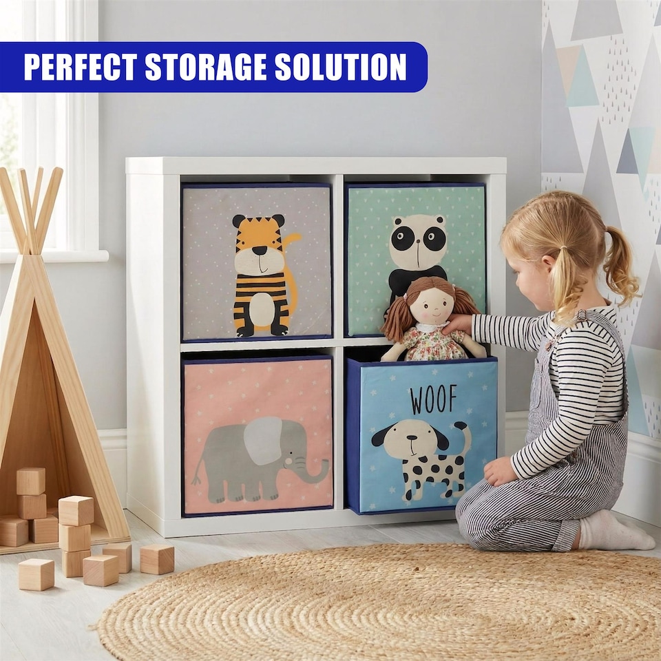 image 1 of The Magic Toy Shop Set Of 4 Animal Storage Boxes Foldable Blue Cubes