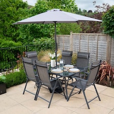 6 Seater Dining Set Garden Furniture With Parasol Reclining Chairs Glass Table In Grey