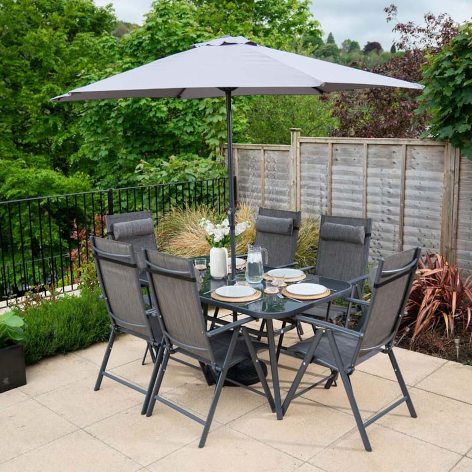 image 1 of 6 Seater Dining Set Garden Furniture With Parasol Reclining Chairs Glass Table In Grey