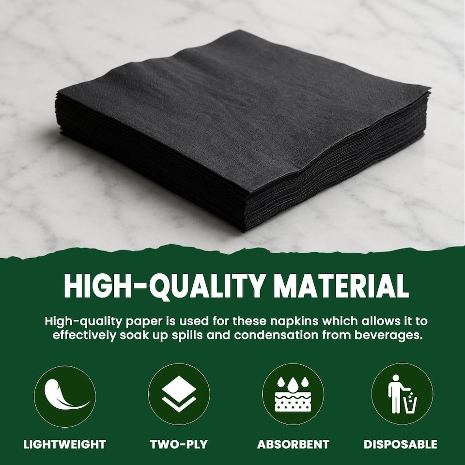 image 1 of ECONX Black 2 Ply 4 Fold Paper Napkins Tissue Serviettes for Birthdays Weddings Parties 2000PK