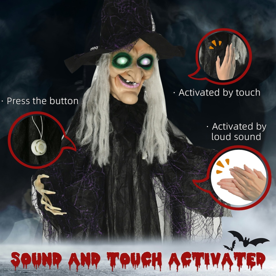 image 1 of HOMCOM Hanging Witch Prop Life Size with Light Up Eyes, Talking Sound