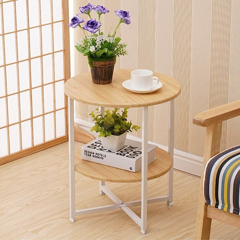 image 1 of Living and Home Small Round Coffee Table with 2 Tier - Natural and White
