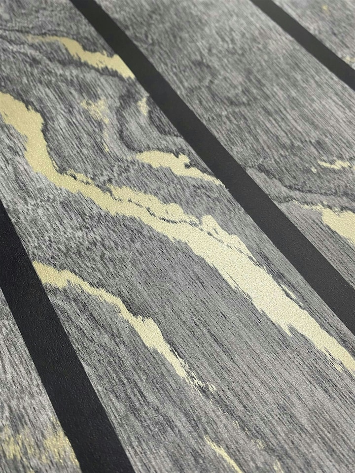 image 1 of Woodgrain Panel Charcoal & Gold Wallpaper | Grey